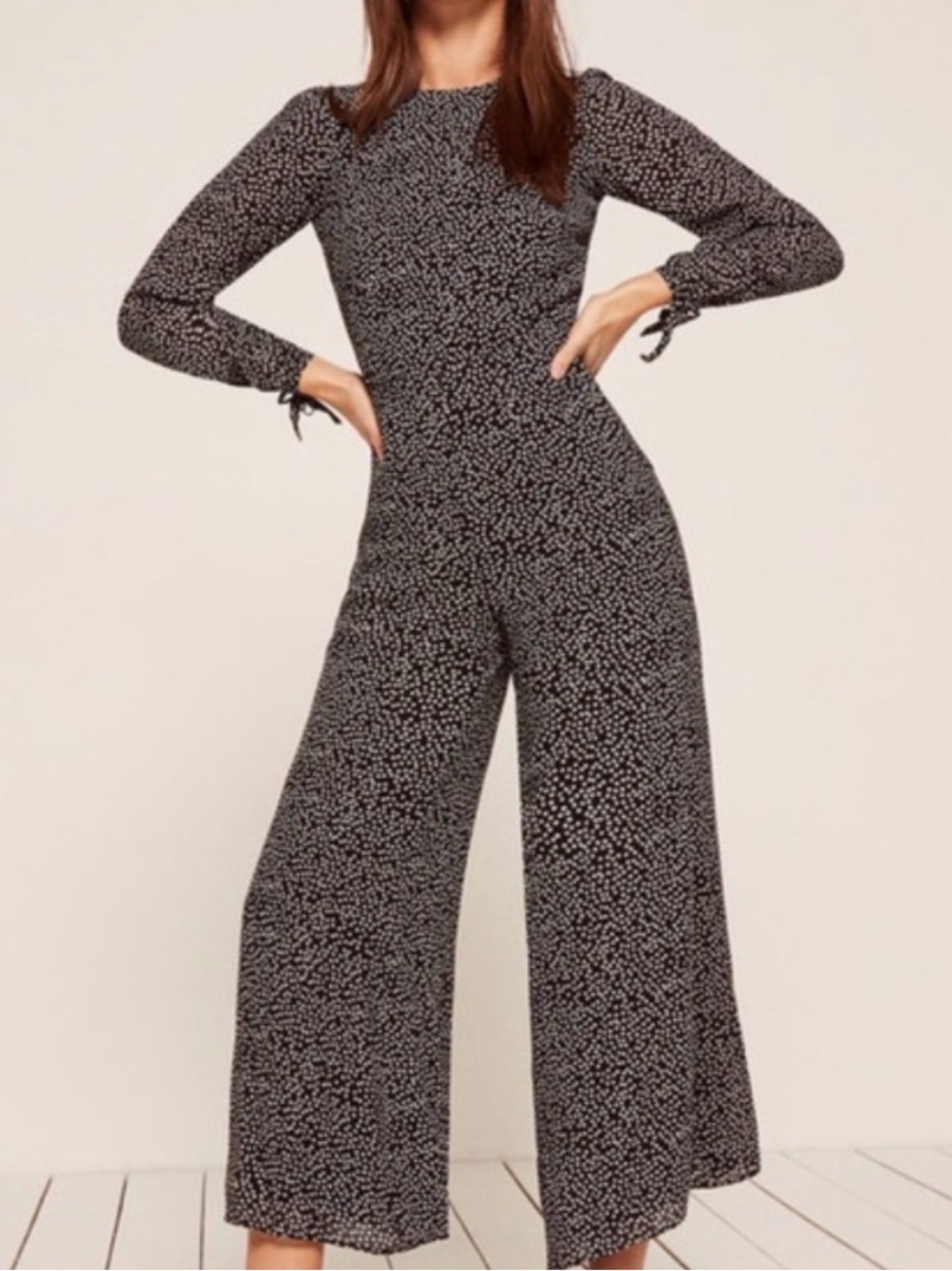 Reformation Black and White Floral Long Sleeve Jumpsuit Size2P